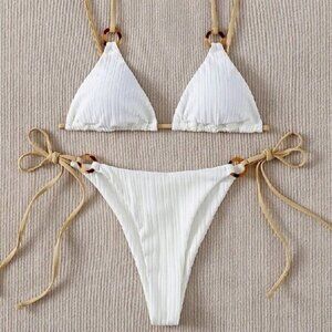 - Bikini Set Plain Ring Linked Spaghetti Strap-SOON